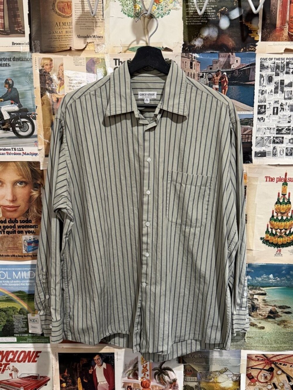 Giorgio Armani Le Collezioni Striped Shirt 15.5 Sage Navy